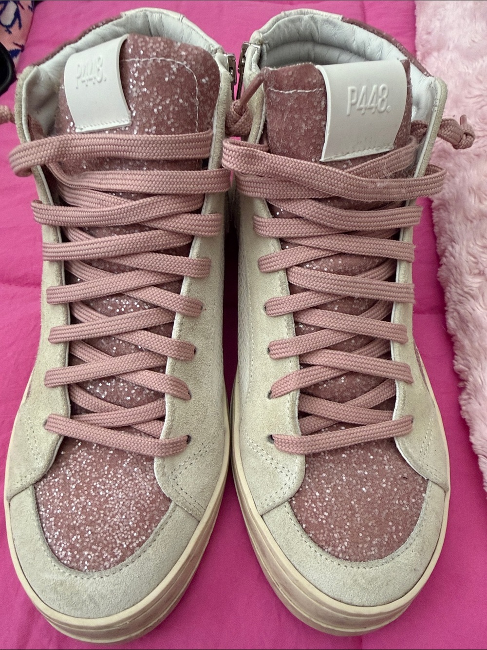 P448 Women's High-Top Sneakers in Pink Glitter and Cream Suede